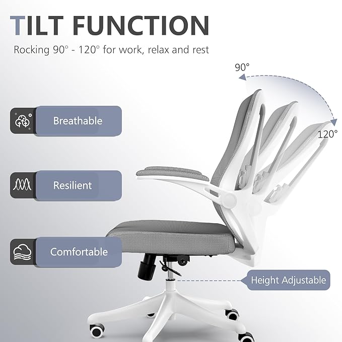 350 LBS Ergonomic Office Computer Mesh Chair - Adjustable Height Rolling Desk Chair with Flip-Up Armrests & High Back Support - Comfortable Swivel Task Chair for Home Office (02GREY)