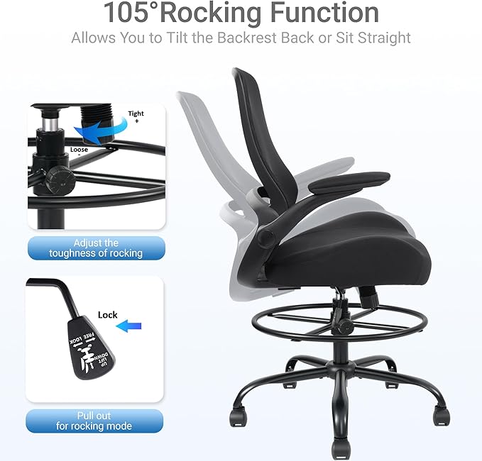 HYLONE Drafting Chair Tall Office Chair with Flip-Up and Adjustable Armrests Ergonomic Computer Chair with Adjustable Footrest Ring Mesh Standing Desk Chair (Black)