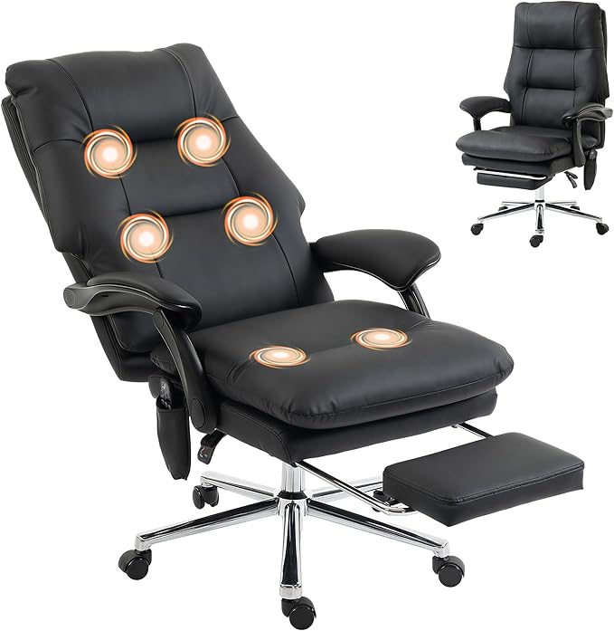 HOMCOM Massage Office Chair with 6-Point Vibration, Pet-Friendly Faux Leather Ergonomic Executive Desk Chair with Double-Layer Spring Cushions, Wide Seat, High Back, Reclining, Footrest, Black