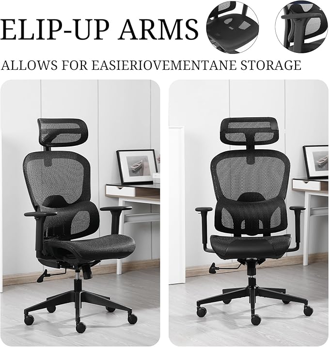Ergonomic Mesh Office Chair with Lumbar Support - Adjustable Seat Height, Flip-Up Arms Breathable Mesh Desk Chair for Home Office, Work & Gaming (Black)
