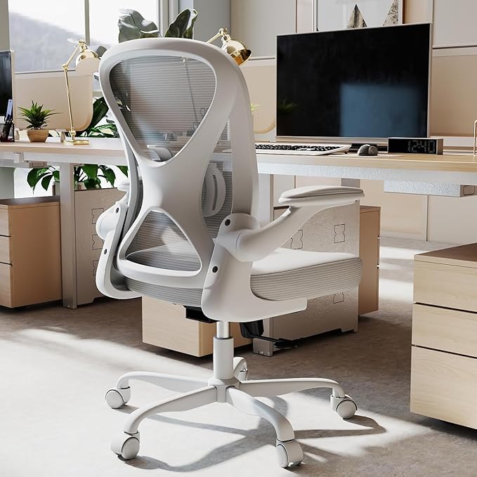 Ergonomic Office Chair, Mesh Fabric Home Office Chair with Adjustable Lumbar Support, 360° Swivel, and Flip-Up Armrests, Grey