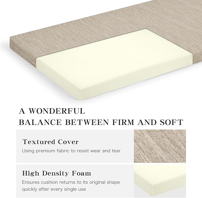 baibu 42 Inch Classic Solid Color Bench Cushion with Ties, Non-Slip Indoor Outdoor Rectangle Bench Seat Cushion Standard Size Foam Pad with Machine Washable Cover (Pure Beige, 42x16x1.5in)