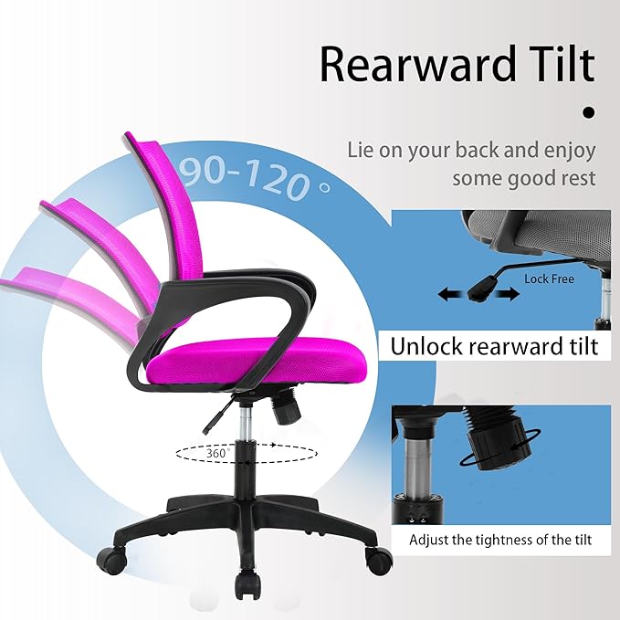 Ergonomic Office Computer Desk Chair, Mid-Back Mesh Rolling Work Swivel Task Chairs with Wheels, Comfortable Lumbar, PVC Base, Pink
