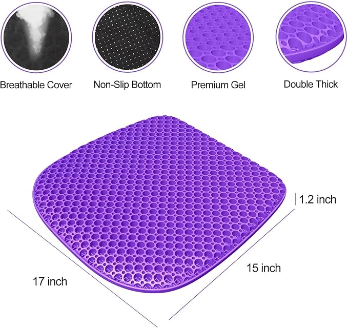 Large Gel Seat Cushion for Long Sitting with Non-Slip Cover, Soft & Breathable, Seat Cushion for Chair, Car, Office, Desk Chair, Wheelchair (17" x 15")
