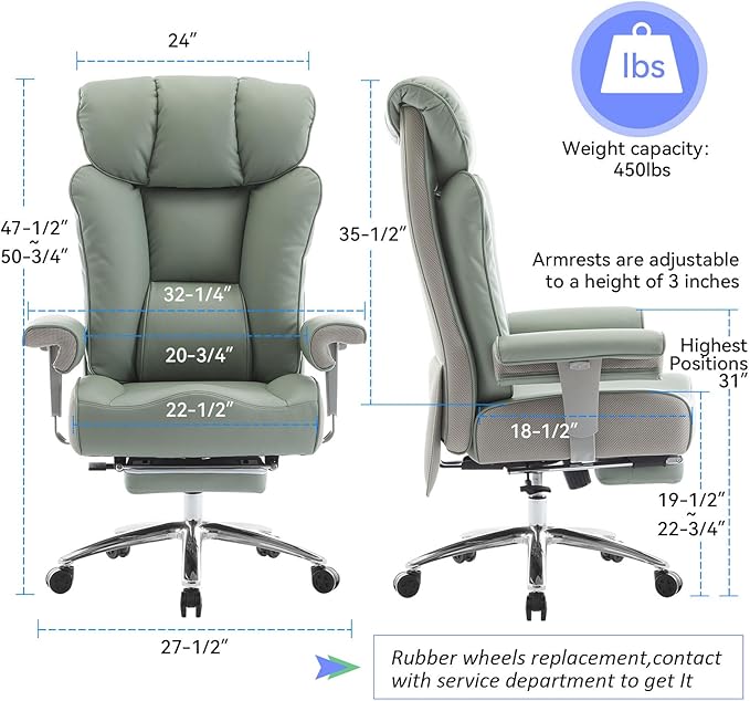Efomao Big and Tall Office Chair 400lbs - Heavy Duty Executive Desk Chair with Foot Rest & 23" Wide Seat - High Back Ergonomic Leather Computer Chair for Heavy People, Home Office, Green