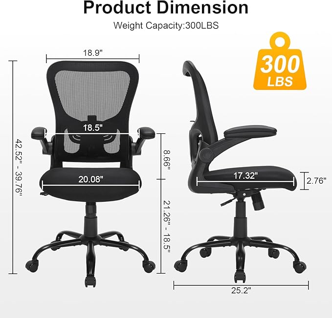 Ergonomic Mesh Office Chair, Adjustable Lumbar Support, Flip-Up Arms, Rolling Swivel Computer Chair with Breathable Backrest for Home & Office, Black