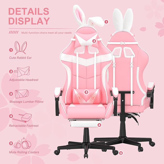 Soontrans Pink Gaming Chair with Footrest,Lovely Bunny Computer Gamer Chair,Gamer Desk Chair for Granddaughter,Sister,Girlfriend,Wife and Love (Pink)