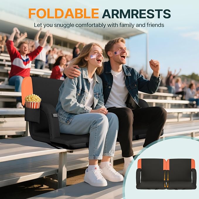 HOPERAN Dual-Sided Heated Stadium Seats for Bleachers with Back Support, 3 Levels Heating Bleacher Seats with Backs and Cushion Wide, 5 Pockets Portable Stadium Chair for Outdoor Sports (Orange)