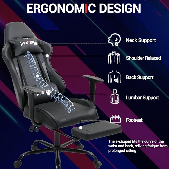 Gaming Chair with Footrest, Ergonomic PC Desk Chair with Headrest and Massage Lumbar Support, Video Game Chair w/Height Adjustable High Back for Home Office, Black