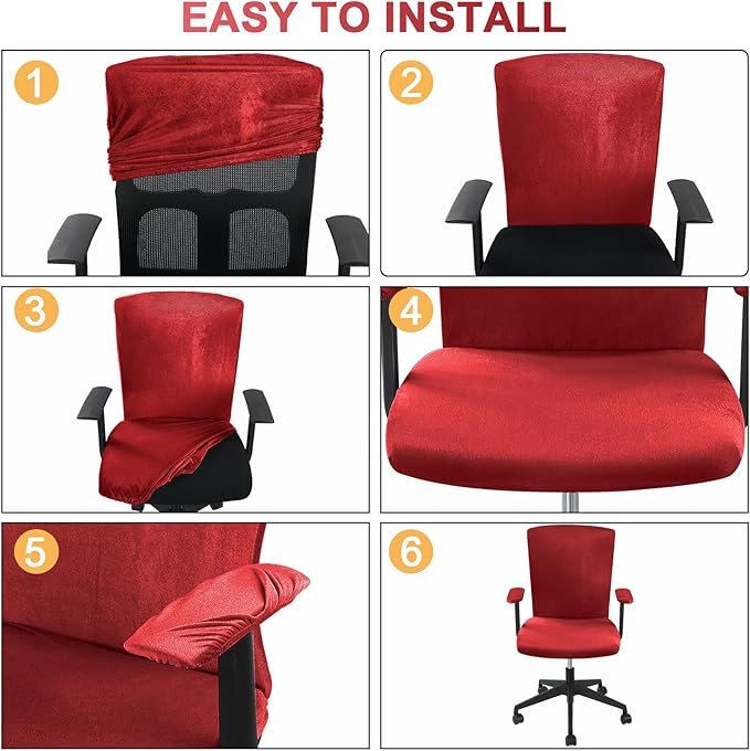 Tallew 4 Pcs Office Chair Covers Set Computer Universal Protective Stretchable Chair Seat Covers Desk Armrest Slipcovers Pads Office Cushion Backrest for Rotating(Claret)