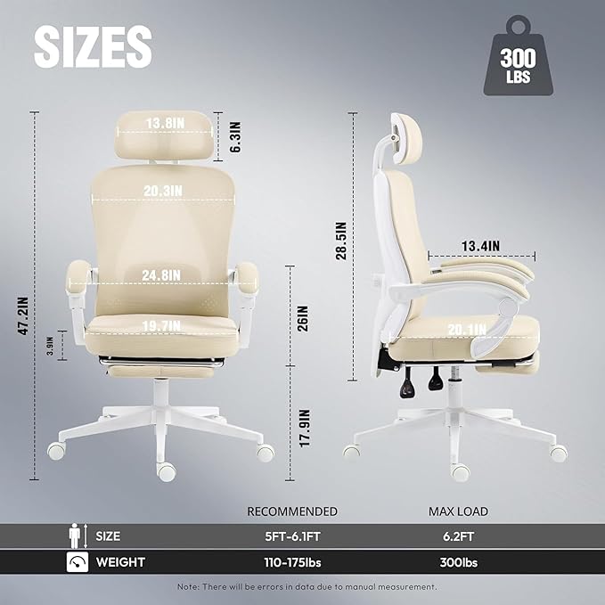 Ergonomic High Back Office Chair with Wide Thick Seat Cushion,Adjustable Lumbar Support and Backrest (Beige w/Footrest)