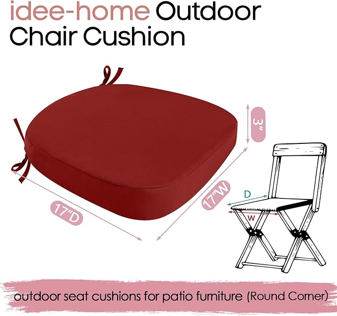 idee-home Outdoor Chair Cushions Set of 4, 17" x 17" x 3" Thick D-Shaped Patio Furniture Outdoor Seat Cushions Waterproof with Ties, Dining Pads