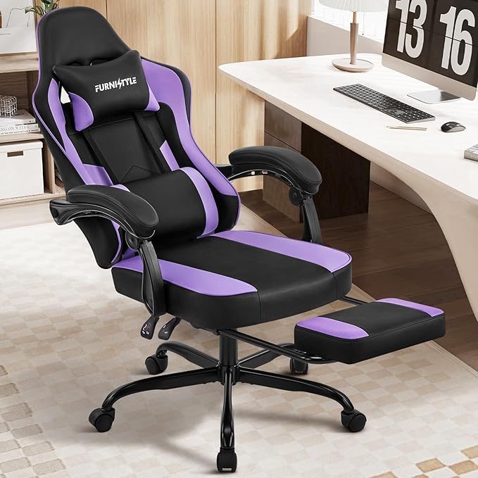 Gaming Chair, Purple Gaming Chairs for Adults Teens, High-Back Ergonomic Computer Chair with Extended Footrest, Removable Headrest & Lumbar Support, Wide PU Leather Reclining Desk Chair