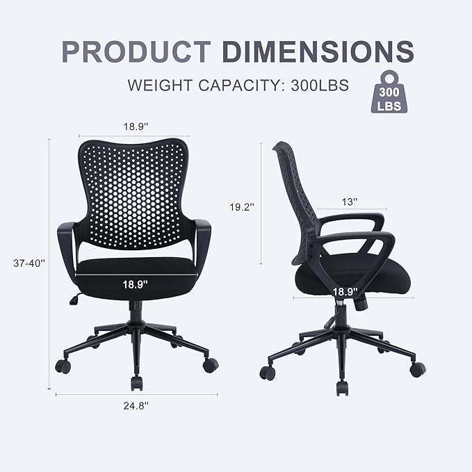Ergonomic Office Chair, Breathable Mesh Computer Desk Chair with Armrests, Rolling Swivel Task Chair, Butterfly Back Design for Home Office, Adults and Teens (Black)