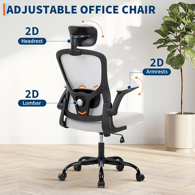 Premium Ergonomic High-Grey Mesh Office Chair - Adjustable Headrest & Reclining Backrest, 360° Swivel - Silent Casters, Skin-Friendly & Durable - Ideal for Bedroom, Dorm & Small Spaces