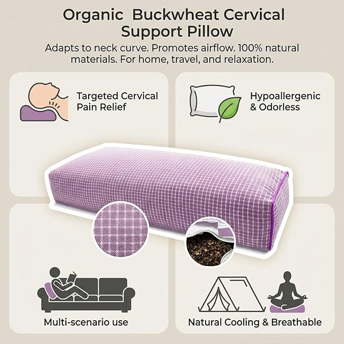 Organic Natural Buckwheat Pillow for Sleeping, Adjustable Buckwheat Hull Pillow with Organic Cotton for Cool Sleep (xiaoge Purple)