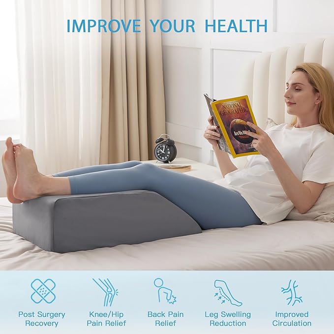 MEGCXIT Leg Pillow Elevation Blood Circulation, Leg Wedge for Elevation for Swelling, Leg Elevating Pillow for After Surgery Memory Foam Foot Knee Pillow for Back Sleeping 24×19×8 Inch Grey Plush