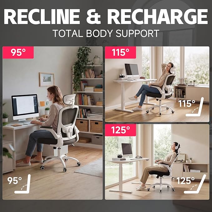 Office Computer Desk Chair - Lumbar Support and Headrest, Ergonomic Mesh Back Swivel Task Chair,Flip-Up Arms for Desk Work, 90-120° Tilt Rolling Chair for Home Office(White-Black6076)
