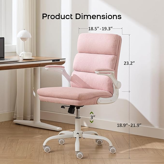 amseatec Office Chair Adjustable Desk Chair Mid Back Executive Comfortable Fabric Ergonomic Back Support Home Computer Chair with Padded Flip-up Armrest Swivel Wheels (Pink)