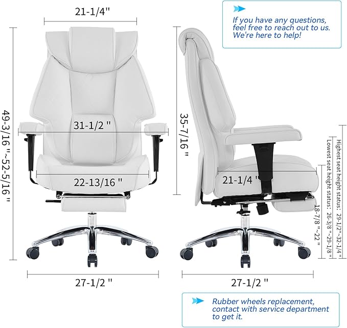 EXCEBET Big and Tall Office Chair with Footrest, PU Leather High Back Executive Office Chair 400lbs, Ergonomic Computer Chairs Lumbar Support for Heavy People (White)