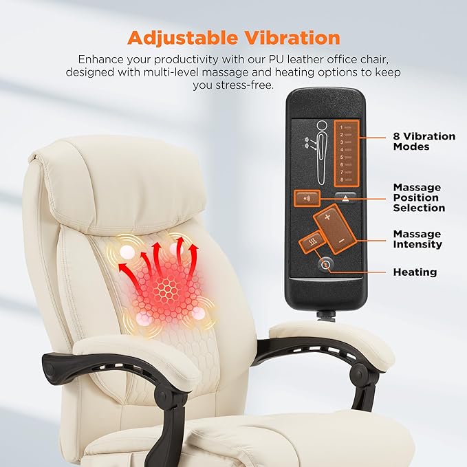 HOMREST Heated Office Chair with Vibrating Massage, Ergonomic Executive Desk Chair with Retractable Footrest and Lumbar Support, High-Back Reclining PU Leather Computer Chair for Home Office (Beige)