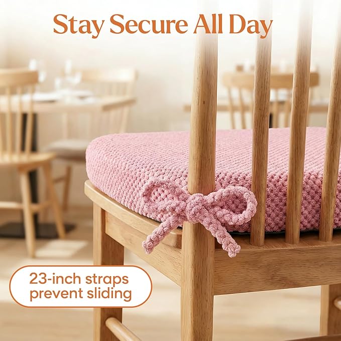 2 Pack Pink Chair Cushions with Ties Removable Covers, D-Shape Dining Kitchen Chair Seat Pads Non Slip 17"x16"