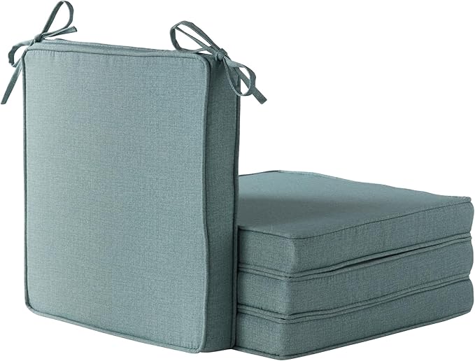 Outdoor 18 inch Square Patio Dining Chair Pads – Comfortable Fiber-Filled Seat Cushions with Ties, Reversible Polyester Fabric - Seaglass, Set of 4