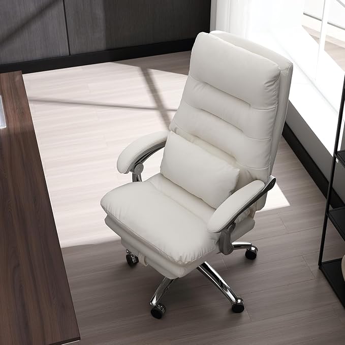 Office Chair with Foot Rest - High Back Executive Chair with Padded Linkage Armrests, Reclining Desk Chair with Wheels, Comfy Chair with Double Thick Cushion (Cream White)