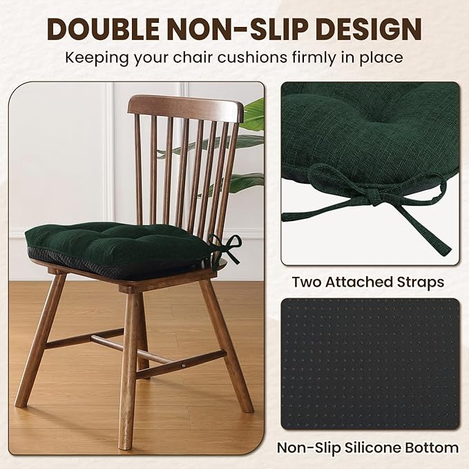 downluxe Indoor Chair Cushions for Dining Chairs, Tufted Overstuffed Textured Kitchen Chair Pads with Ties and Non-Slip Backing, 16.5" x 16.5" x 4", Dark Green, 4 Pack