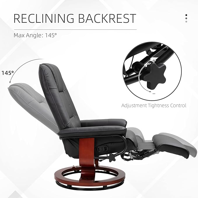 HOMCOM Swivel Recliner Chair, PU Leather Reclining Armchair with Retractable Footrest, Lounge Chair with Wood Base and Adjustable High Back for Small Spaces, Living Room, RV, Bedroom, Black
