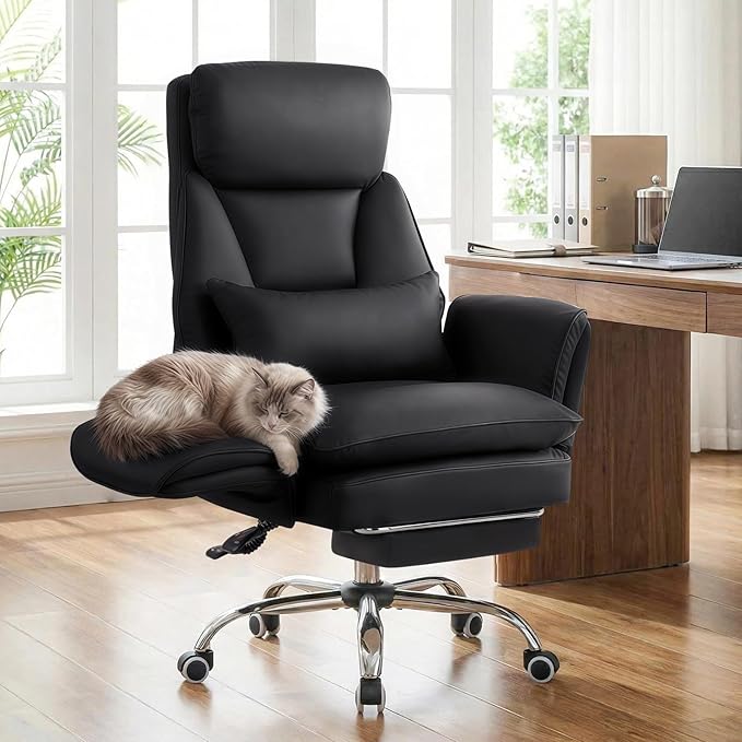 Furniliving Big and Tall Office Chair, Ergonomic Computer Desk Chair with Footrest, Wide Seat Reclining Gaming Chair, Flip Armrests for Cross Legged Sitting, Heavy Duty Support up to 400LBS, PU, Black