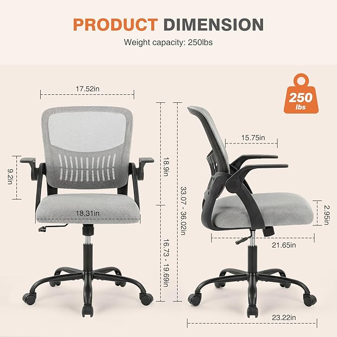 Sweetcrispy Home Office Managerial Executive Chair, Ergonomic Mesh Adjustable Swivel Mid-Back Computer Desk Chair with Comfortable Lumbar Support, Comfy Arms for Bedroom,Study,Blak&Grey