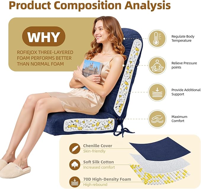 Rocking Chair Cushion - Chenille Fabric, High-Density Sponge, Durable Comfort Double-Sided Tufted Seat Pads with Ties, Chenille︱Cobalt Blue, 44x19x4 inch