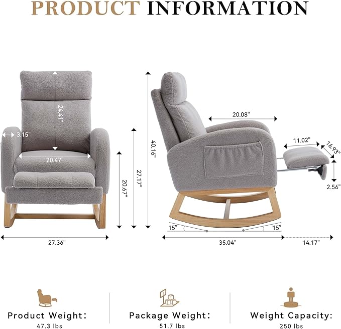 40" Teddy Nursing Rocking Chair, Nursery Chairs with Adjustable Foot Rest, High Backrest Upholstered Arm Chair with Side Pockets, Wood Rocking Chair for Living Room, Bedroom, Baby Room (Light Gray)