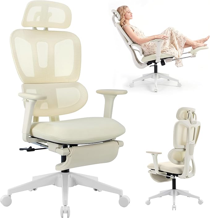 Ergonomic Office Chair with Footrest, 90-135° Reclining High Back Desk Chair with Lumbar Support, 2D Headrest, 2D Armrests, Computer Chair for Long Hours, Cream