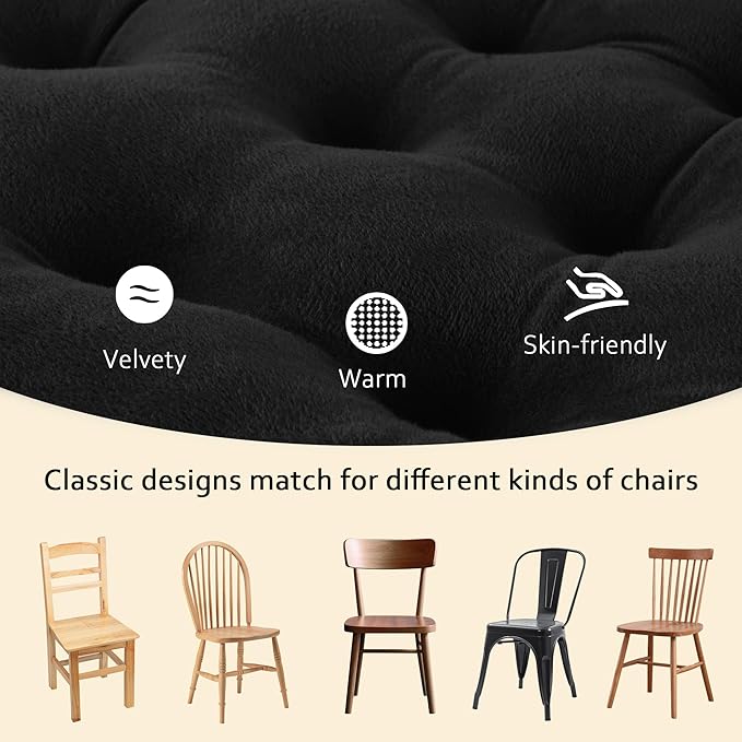 ELFJOY 4 Pack Chair Cushions for Dining Chairs Chair Pads Cushion for Kitchen Office Tufted Square Seat Cushion with Ties (16" Black Velvet)