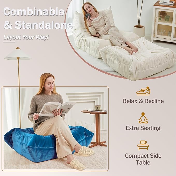 Trenda Extra Large 29.5"x27.5" Velvet Ottoman - Soft Foot Rest, Bean Bag Chair Compatible Accent Ottoman, Independent Use Extra Seat for Living Room Bedroom (Blue)