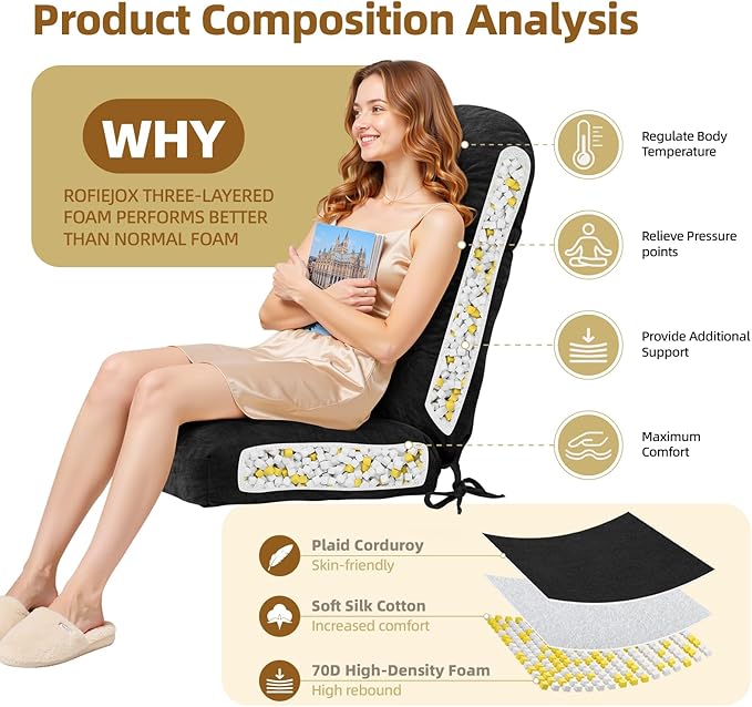 Rocking Chair Cushion - Chenille Fabric, High-Density Sponge, Durable Comfort Double-Sided Tufted Seat Pads with Ties, Chenille︱Black, 44x19x4 inch