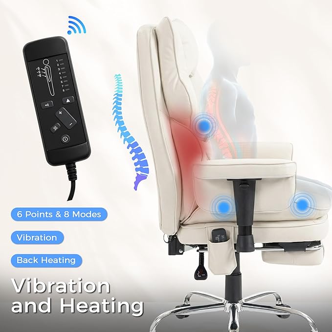 Big and Tall Massage Office Chair with Heat, Extra Wide Double-Layer Pocket Spring Cushion, High Back Reclining Gaming Chair with Adjustable Armrests & Footrest, Heavy Duty Ergonomic Chair, White