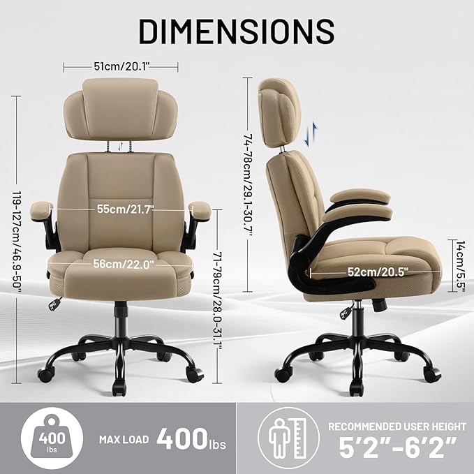 AreShark Ergonomic Office Chair with Lumbar Support, 400lbs Heavy Duty Big and Tall Executive Desk Chair, PU Leather High Back Computer Chair with Flip-Up Arms & Adjustable Headrest, Khaki
