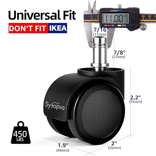 Sytopia Office Chair Wheels, Universal Standard Stem 7/16 inch x 7/8 inch, 2" Upgraded Quiet Caster Wheels Safe for All Floors Include Hardwood & Carpet, Not for 1KEA, Easy to Install, Set of 5