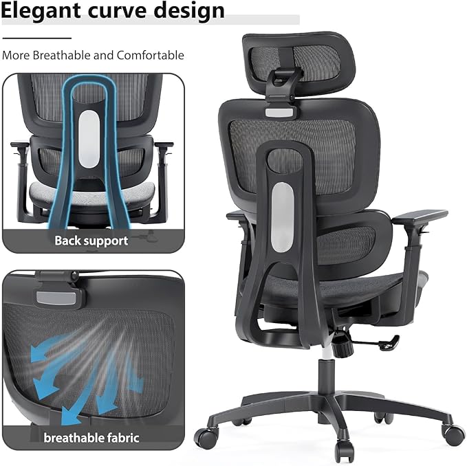 OS MOTOR Ergonomic Mesh Office Chair, Adjustable Headrest, 3D Armrests, Lumbar Support, Tilt Lock Function, Breathable High-Back Desk Chair Computer Chair for Home Office Work, Study, Gaming, Black