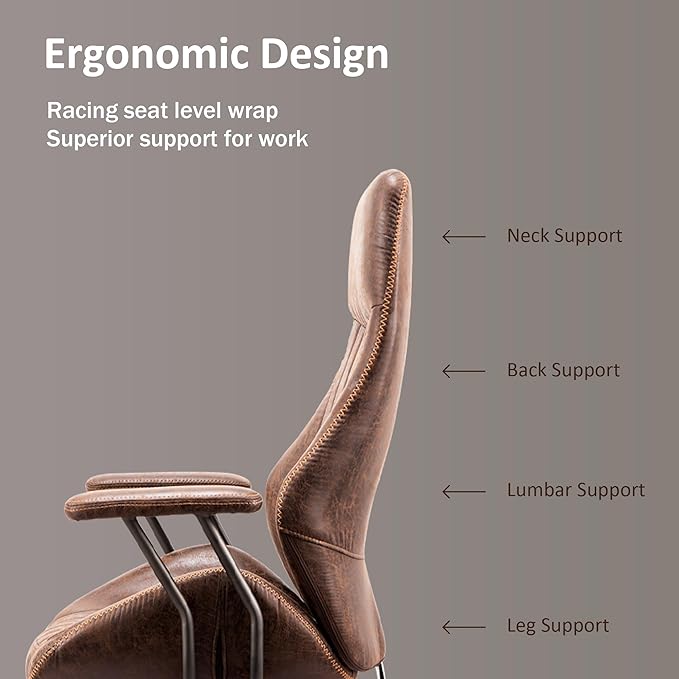 High Back Home Office Chair, Mid Century Vintage Executive Chair,Comfy Ergonomic Rolling Office Task Chair with Lumbar Support,Brown Faux Leather Office Chair,Dark Brown