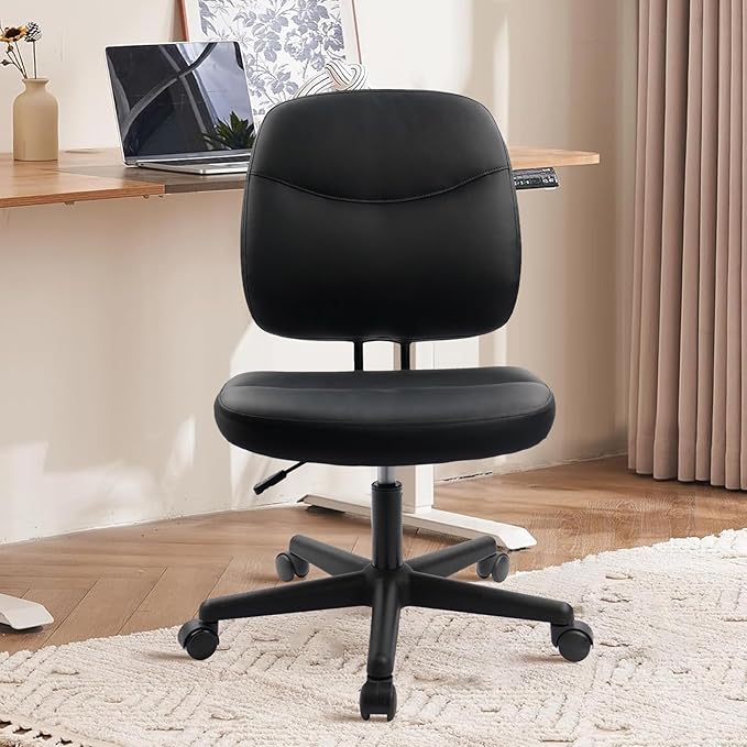 CLATINA Armless Home Office Chair,Small PU Leather Ergonomic Low Back Desk Chair with Lumbar Support and Wheels, Adjustable Height 360° Swivel Rolling Computer Task Chair, Black, 4 Pack