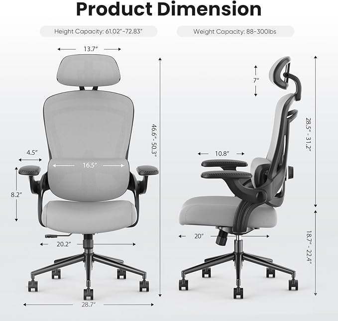 Sweetcrispy Executive Office Ergonomic Desk Chair, 300 LBS Home Mesh Chairs with Wheels, 2D Headrest, Up&Down Lumbar Support, Swivel High Back Computer Chair with Flip-up Armrests,Grey