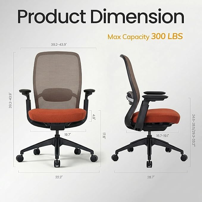 COLAMY Aether Executive Office Chair for Long Hours, One-Touch Easy Adjust Managerial Desk Chair with Levitating Seat Cushion & Pilot-Level Sync Armrests, 300 LBS Mid Back Mesh Computer Chair,Orange
