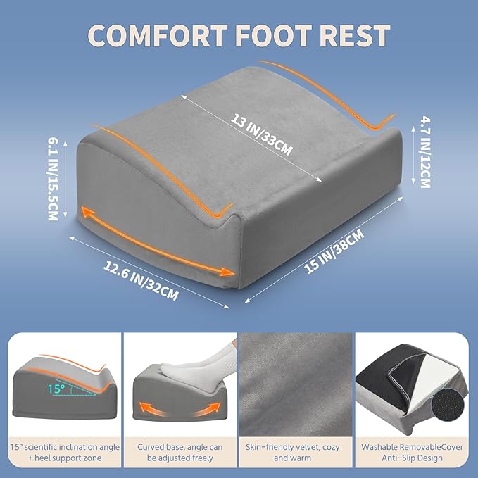 Ergonomic Foot Rest for Under Desk at Work – 15° Tilt Angle Under Desk Footrest with High-Resilience Foam, Velvet Top & Non-Slip Base, Comfortable Foot Stool for Office Chair and Home, Grey