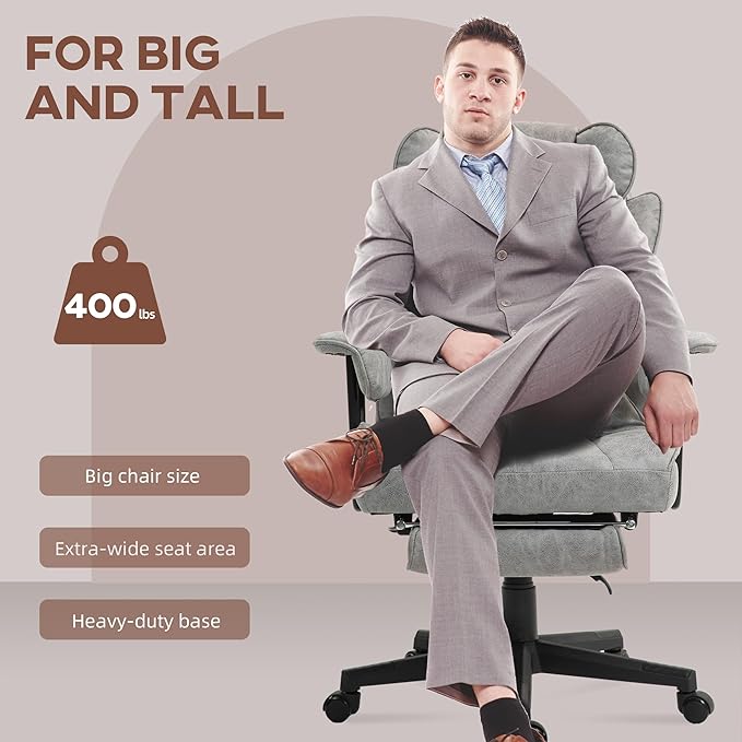 HOMCOM Executive Office Chair, 400LBS Big and Tall Office Chair with Foot Rest, Microfiber Computer Desk Chair with Lumbar Support, Reclining Function and Wide Seat, Gray