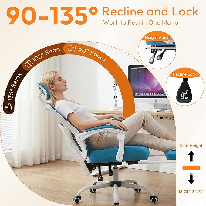 Ergonomic Desk Chair, High Back Office Chair with Wheels and Arms, Computer Chair with Footrest, Swivel Reclining Gaming Chair with Headrest, Comfy Armrest for Home, Office, Work, Study, Blue
