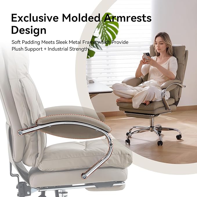 LEAGOO Office Chair with Foot Rest, Executive Reclining Office Chairs with Arms, Ergonomic High Back PU Leather Comfy Swivel Computer Desk Chairs with Wheels and Lumbar Support for Home Office, Tan